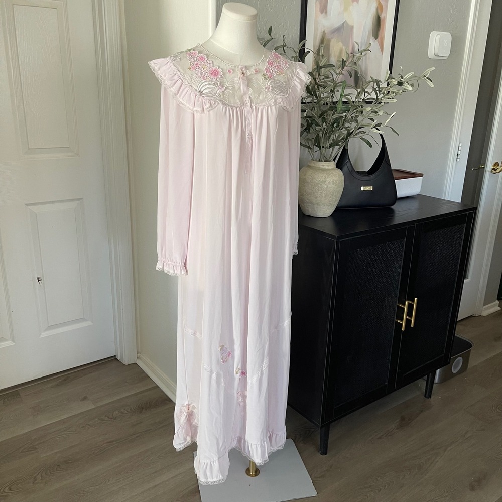 Carnival Nightgown Women XL Pink Excellent Lace Embroidered Floral Maxi Sleeve
